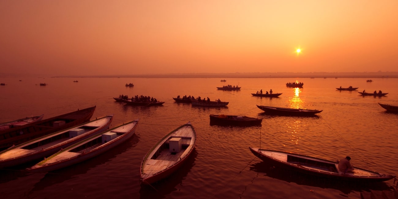 Sunset View of Banaras River with Some Boats