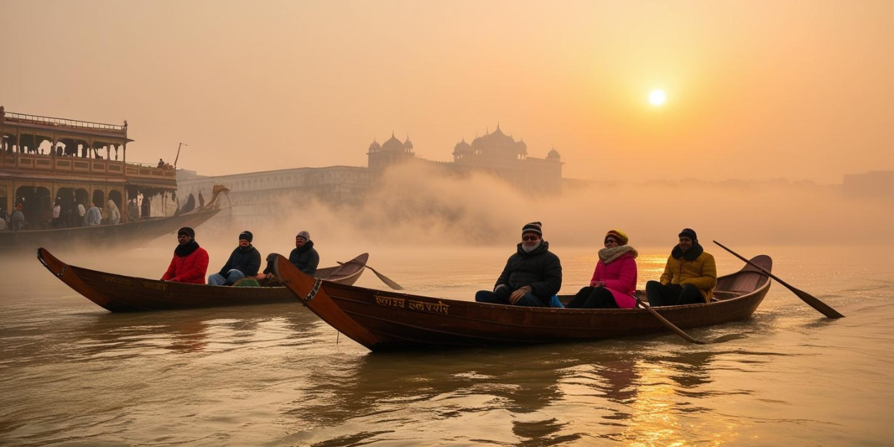 Tourists enjoying a serene boat ride on the Ganges during winter morning.